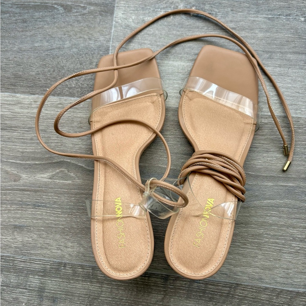 Fashion Nova Tan Lace-Up Sandals with Clear Straps
